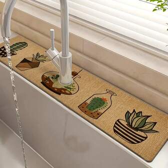 1 件仙人掌图案吸水水龙头垫，耐用聚酯纤维防潮防滑排水垫，适用于厨房和浴室水槽，水龙头吸盘垫，适用于浴室台面的干燥垫，厨房和浴室柜台配件