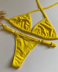 Triangle Bikini With Adjustable Thong Panties - Yellow - View 1