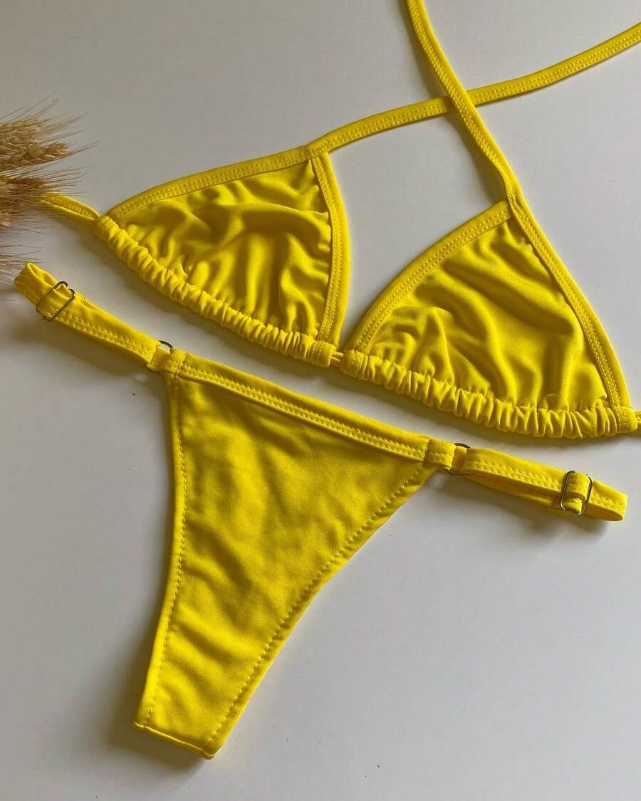Triangle Bikini With Adjustable Thong Panties - Yellow - View 1