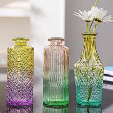 1pc Creative Vintage Glass Vase, Transparent Glass Vase, Hydroponics Small Flower Vase, Home Floral Decor, Assorted Colors - Multicolor - View 7