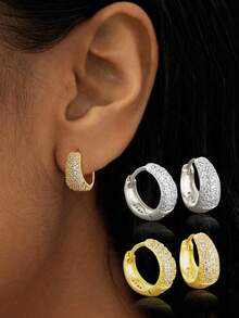 Newsoul 1pair Elegant Hoop Earring Ladies Jewelry For Women 925 Sterling Silver Exquisite Zirconia Geometry Hoop Earring Fine Jewelry Gift For Girl Daily Dating Decor For Sisters Friendship - Style 1 - View 5