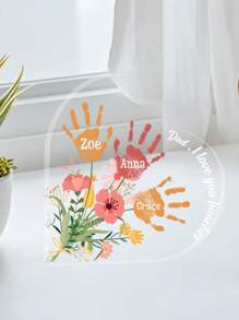 Personalized Acrylic Heart Shaped Desk Sign Customizable With Handprints And Names Perfect For Father's Day Decorations Featuring Colorful Floral Elements And Family Handprints Ideal Gift For Dad Papa Grandpa Unique Desktop Keepsake For Office Or Home Touching Family Souvenir For Holidays Birthdays And Special Occasions