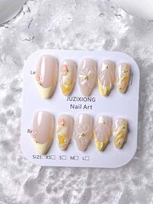 10件套手工杏仁形鲜柠檬黄3D雕刻花朵波浪美甲套装，花卉艺术搭配金色装饰，包含全套美甲工具（指甲锉+胶水），适合优雅浪漫的场合，非常适合喜欢精致美甲的女性和女孩。 - 黃色 - 查看 8