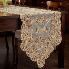 1 Pieza Mantel bordado floral elegante - Diseño tradicional de organza, hilos dorados sobre tela beige, múltiples tamaños de rectángulos, perfecto para fiestas, celebraciones y decoraciones de comedor cotidianas, decoraciones de mesa navideñas| Bordado intrincado | Telas de organza, decoraciones de mesa - marrón - Ver 2