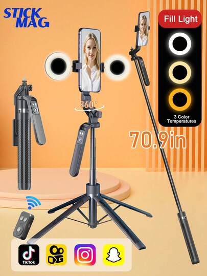 STICKMAG 153厘米/60.2英寸蓝牙遥控铝合金自拍杆，带手机支架、三色LED自拍灯，兼容10英寸环形灯和迷你方灯，适合夏季度假、旅行、户外活动、直播三脚架