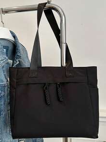 Fashion Versatile Solid Color New Tote Bag, Casual Minimalist Texture Contrast Color Shoulder Bag - Black - View 5