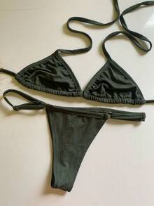 Triangle Bikini With Adjustable Thong Panties - Verde militar - Ver 3