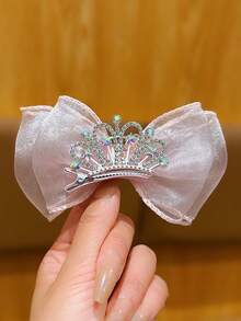 1pc Pink Bow Crown Hair Clip, Sweet & Fashionable Hair Accessory For Daily Use - Pink - View 4
