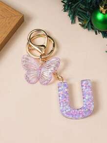 1 Creative Keychain With Alphabet Stone Drops Glue Resin Accessories Butterfly Fringe Alphabet Pendant Keychain Girl
