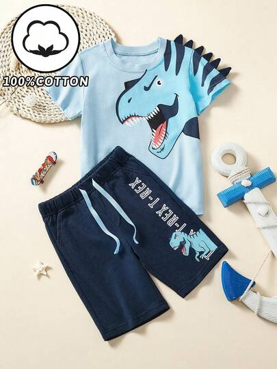 Little Bitty Young Boy Cartoon Dinosaur Print Short Sleeve T-Shirt & Shorts 2 Piece Set, Fashion Casual Outfit For Spring/Summer