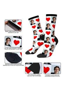 1 Pair Of Socks Men, Custom Personalized Photo, Heat Transfer 360 Degree Printing, Personal Customized Face Pattern, Funny Heart Pattern, Quality Summer Socks, Women's Sports Mid-Calf Socks, Suitable For Daily Wear, Unique Whimsical Gift For Mother's Day, Father's Day And Special Occasions - Multicolor - View 6