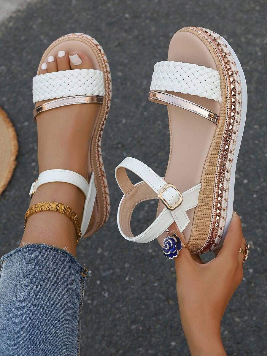 Summer Fashion Women's Wedge Sandals, Bohemian Style Rivet Open-Toe Design With Ankle Strap, Breathable And Comfortable Casual Elegant Flat Shoes