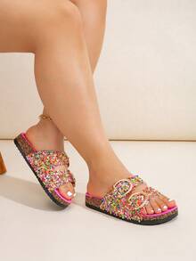 ROULVXIANG New Black Glass Rhinestone Glitter Flat Slide Slippers, Fluffy Wedge Sandals, Outdoor Platform Slip-On Flat Sandals For Women,Spring Summer Outfits - Multicolor - View 3