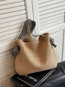 1 Pc New Fashion Leisure Summer Holiday Vacation Style Large Capacity Solid Color Straw Foldable With Black And White Featured Shoulder Strap Magnetic Women's Beach Shoulder Bag For Vacation Holiday&Shopping With Friends&Fashion Clothing Matching - Brown - View 2