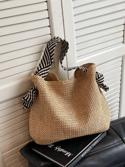 BAILEE 1 Pc New Fashion Leisure Summer Holiday Vacation Style Large Capacity Solid Color Paper Woven Foldable With Black And White Featured Shoulder Strap Magnetic Women's Beach Shoulder Bag For Vacation Holiday&Shopping With Friends&Fashion Clothing Matching