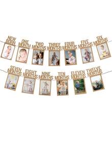 1st Birthday Photo Banner For Baby From Newborn To 12 Months, First Birthday Decorations Boy Or Girl Monthly Milestones Garland | First Birthday Photo Banner Pre-Strung With Frame (Kraft) - Khaki - View 8