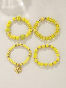 4pcs Boho Chic Vintage Romantic Heart Engraved Bracelet, Suitable For Women Daily Wear - Beige - View 2