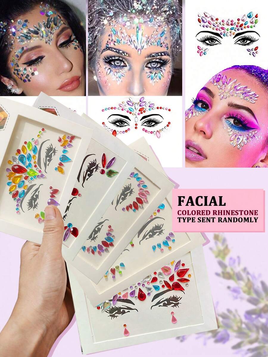 Assorted Face Gems Set, Face Jewelry Sticker Set, Shiny Mermaid Face Crystals, Mixed Style Face Gems Crystal Sticker Set, Gem Face Mermaid Carnival Rhinestone Temporary Tattoos, Gift For Girls, Suitable For Home And Salon Use. (Random Colors And Shapes!) - Multicolor - View 1