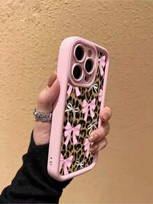 Funda para teléfono 1 pieza Lazo rosa con estampado de leopardo de moda Funda protectora completa para teléfono con funda para phone X XS XR 11 12 13 14 15 16 Pro Plus ProMax, resistente a los golpes 1 pieza - Multicolor 3 - Ver 7