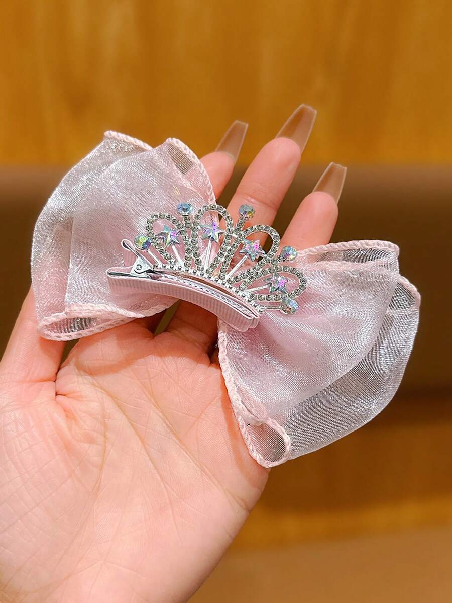 1pc Pink Bow Crown Hair Clip, Sweet & Fashionable Hair Accessory For Daily Use - Pink - View 1