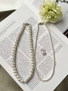 1 Set Of Grey, Pearl White, Black High-End Luxurious Pearl Necklace & Earrings, French Retro Jewelry For Valentine's Day, Wedding, Mother's Day