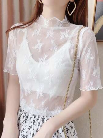 女式蕾丝边高领短袖透视吊带背心，透明网纱汗衫