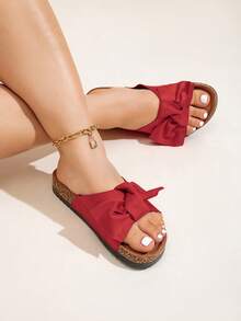 Wide Fit Black Plush Slippers, Casual Indoor/Outdoor, Vacation, Beach Slides, Soft Wooden Texture Fluffy Ladies Slippers - Burgundy - View 9