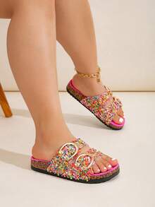 ROULVXIANG New Black Glass Rhinestone Glitter Flat Slide Slippers, Fluffy Wedge Sandals, Outdoor Platform Slip-On Flat Sandals For Women,Spring Summer Outfits - Multicolor - View 4