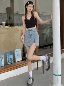 高腰开衩牛仔裙，性感紧身迷你裙，防走光，修身显瘦，适合春夏女士 - 淺色水洗藍 - 查看 1