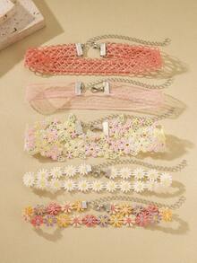 5 件浪漫花朵颈链套装 - 钩针和蕾丝花朵颈链 - 女士优雅珠宝生日、周年纪念礼物