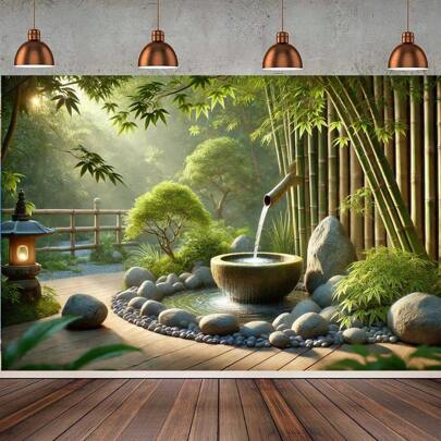1pc Polyester Fabric Japanese Zen Garden Backdrop, Suitable For Birthday, Wedding, Birthday Party, Holiday Celebration, Party Banner, Comes In Multiple Sizes, Ideal For Anniversary And Mother's Day Photos | Peaceful Greenery And Waterscape Design, Garden Decor