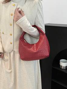 Fashionable Woven Crescent Tote Bag, Woven Texture Embossed Solid Color Casual Large Shoulder/Crossbody Bag, Versatile Commuter Bag, Handbag, Baguette Bag - Burgundy - View 2