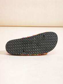 ROULVXIANG New Black Glass Rhinestone Glitter Flat Slide Slippers, Fluffy Wedge Sandals, Outdoor Platform Slip-On Flat Sandals For Women,Spring Summer Outfits - Multicolor - View 9
