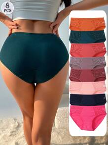 8 PCS Women's Cotton Seamless Panties Sexy Lace Splicing Briefs Low Waist Comfortable And Breathable Sports Underwear