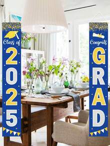 Juego de 2 piezas - Decoraciones de graduación 2025, pancarta de graduación, letrero de bienvenida para puerta del porche en negro, para paredes interiores y exteriores, decoraciones de graduación, clase de 2025 (azul) - Azul - Ver 4