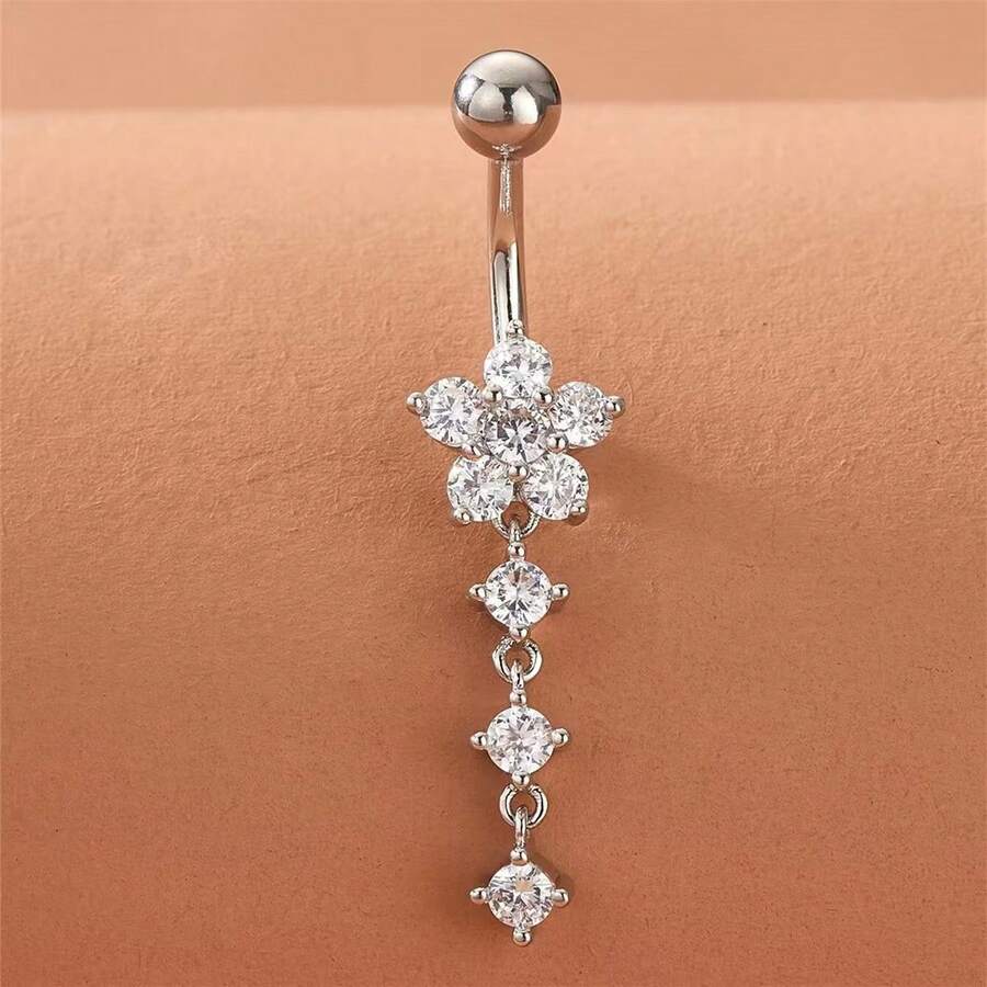 1pc Plant Double Gem Flower Navel Ring - Silver - View 1