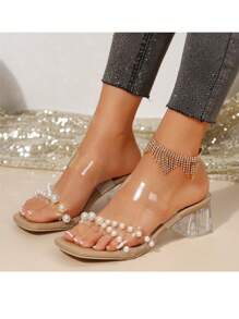 Sandalias de tacon grueso de verano para mujer de talla grande, estilo europeo, con diseño de perla, cómodas, transparente. Adecuadas para uso casual, playa y verano. Zapatos abiertos de tacón alto, elegantes y sexy. Cómodos sandalias de tacón alto color albaricoque.
