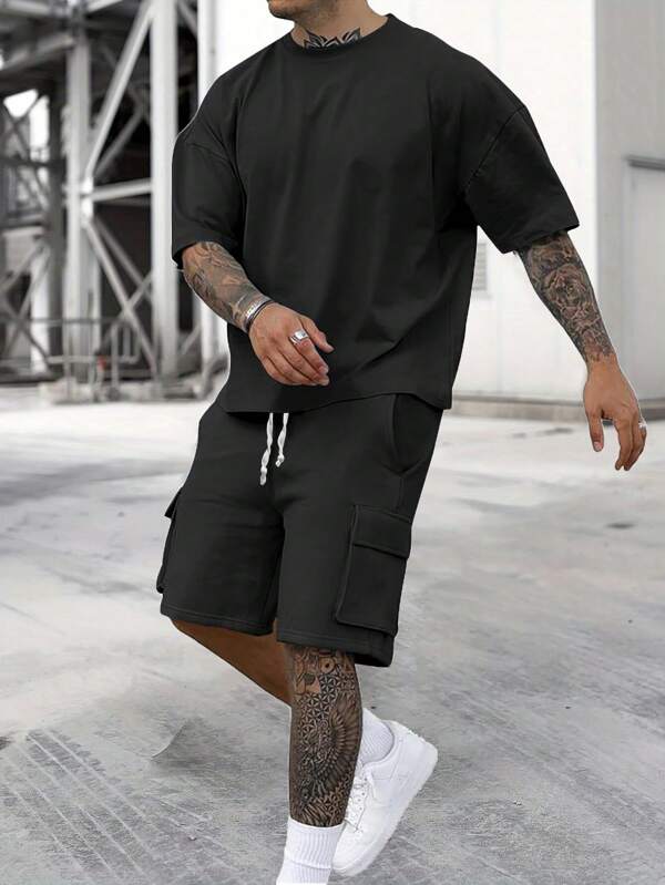 2pcs/Set Men's European And American Style T-Shirt Set, Summer New Short Sleeve Tee And Cargo Shorts Set, Casual Sports Outfit