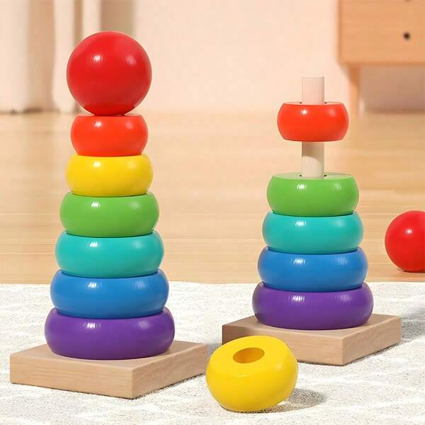 Wooden Early Education Toys- Set Of Rainbow Stacking Blocks, Round Building Blocks- Intellectual Development Toys