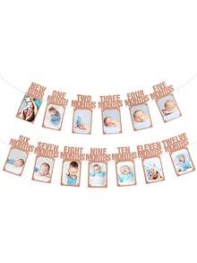 1st Birthday Photo Banner For Baby From Newborn To 12 Months, First Birthday Decorations Boy Or Girl Monthly Milestones Garland | First Birthday Photo Banner Pre-Strung With Frame (Kraft) - Khaki - View 11
