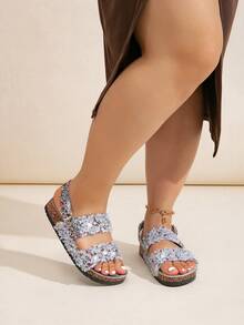 Wide Fit Black & Orange Bestselling Casual Home Beach Resort Slide Sandals, Diamond Glitter Wedge Women Flat Cork Slip On Mules - Grey - View 2