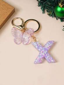 1 Creative Keychain With Alphabet Stone Drops Glue Resin Accessories Butterfly Fringe Alphabet Pendant Keychain Girl