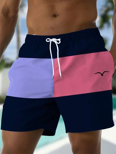 男士夏季印花图案抽绳腰侧袋夏威夷速干双层网眼衬里短裤，海鸥色块 3D 印花时尚休闲沙滩装 3/4 短裤，沙滩泳裤，夏威夷