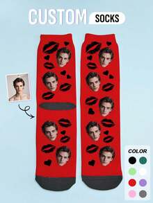 1 Pair Custom Valentine's Day Socks, Custom Photo Sock, Custom Printed Socks, Personalized Funny Face Socks, Custom Picture Socks, Put Any Face On The Socks, Anniversary Gift, Valentine Gift, Birthday Gift, Wedding Gift, Mother's Day Gift, Father's Day Gift, Best Friend Gift, Gift For Mom/Dad, Gift For Girlfriend/Boyfriend, Gift For Her/Him - Red - View 2