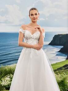 Elasola Đầm dạ hội mùa hè màu trắng ren hoa, đầm cưới dáng chữ A cỡ lớn kiểu cổ tích dành cho cô dâu thanh lịch - trắng - Xem 2