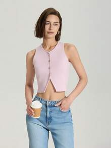 Chaleco corto de punto de unicolor, con cuello redondo, botón delantero y sin mangas