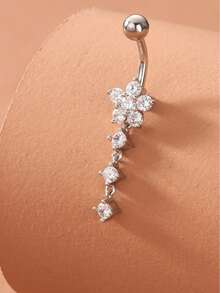 1pc Plant Double Gem Flower Navel Ring - Silver - View 6