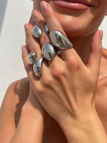 4 件复古朋克几何不对称泪滴开口戒指套装，极简主义金属金色首饰套装，适合女性日常佩戴、派对装饰、节日礼物、日常服装配饰 - 水滴戒指套裝 - 查看 3