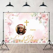 1pc Personalized Customized Name, Blessings, Photo, Rose, Cross Design Baptism, First , Christening Backdrop, Pink Floral Glitter Shower Party Decorative Banner, Multi-Sizes Available