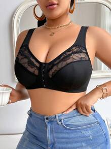 1pc Women Plus Size Solid Color Silver Metallic Lace Front Closure Wireless Bra